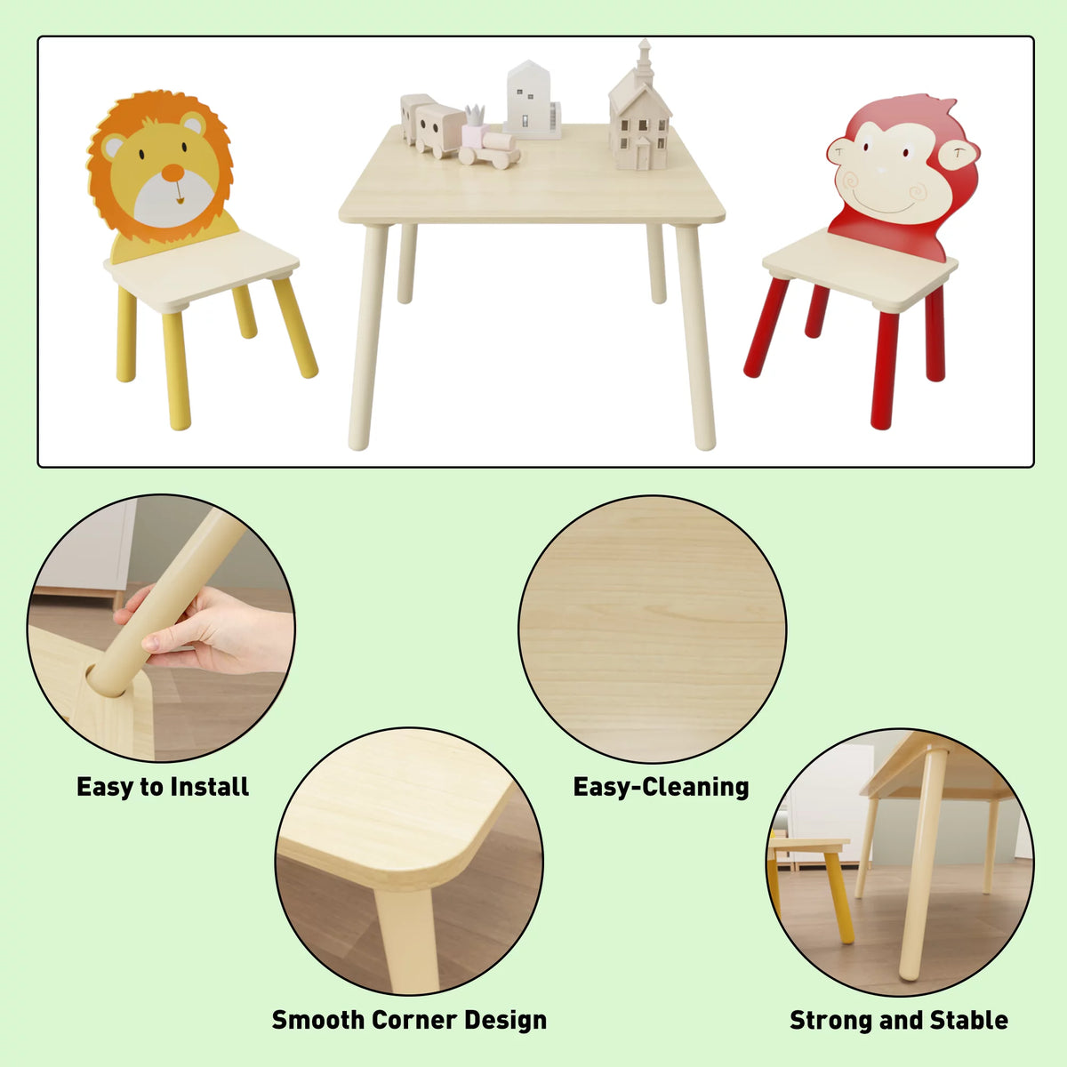 Kids Table & Chair Set, 3 Pieces Solid Wood J59214