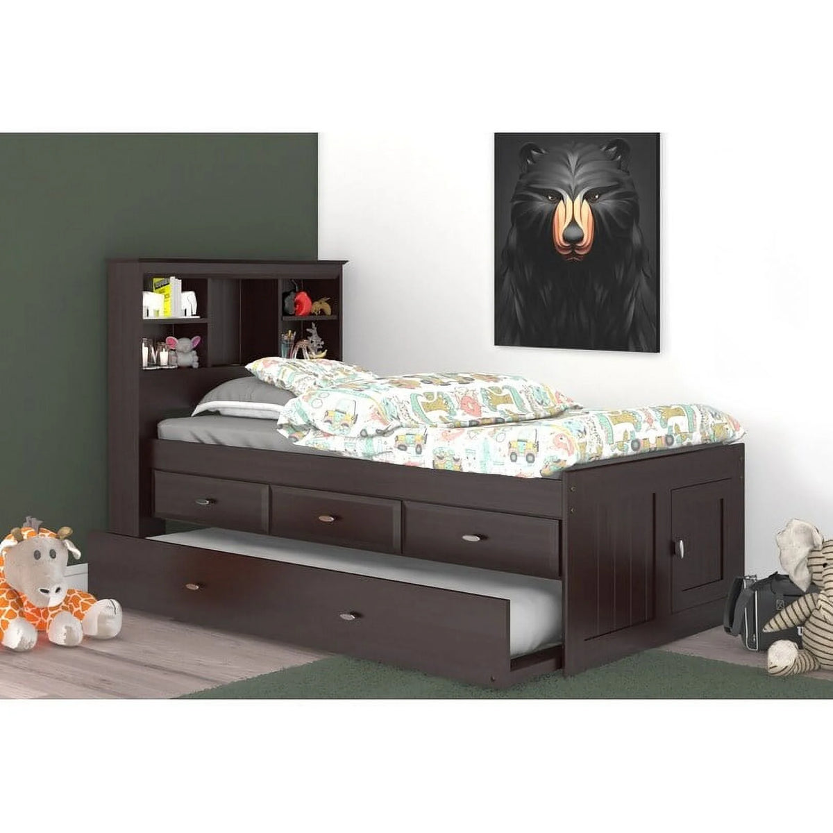 Twin Bookcase Bed with Three Drawers and Twin Trundle in Dark Espresso L814524