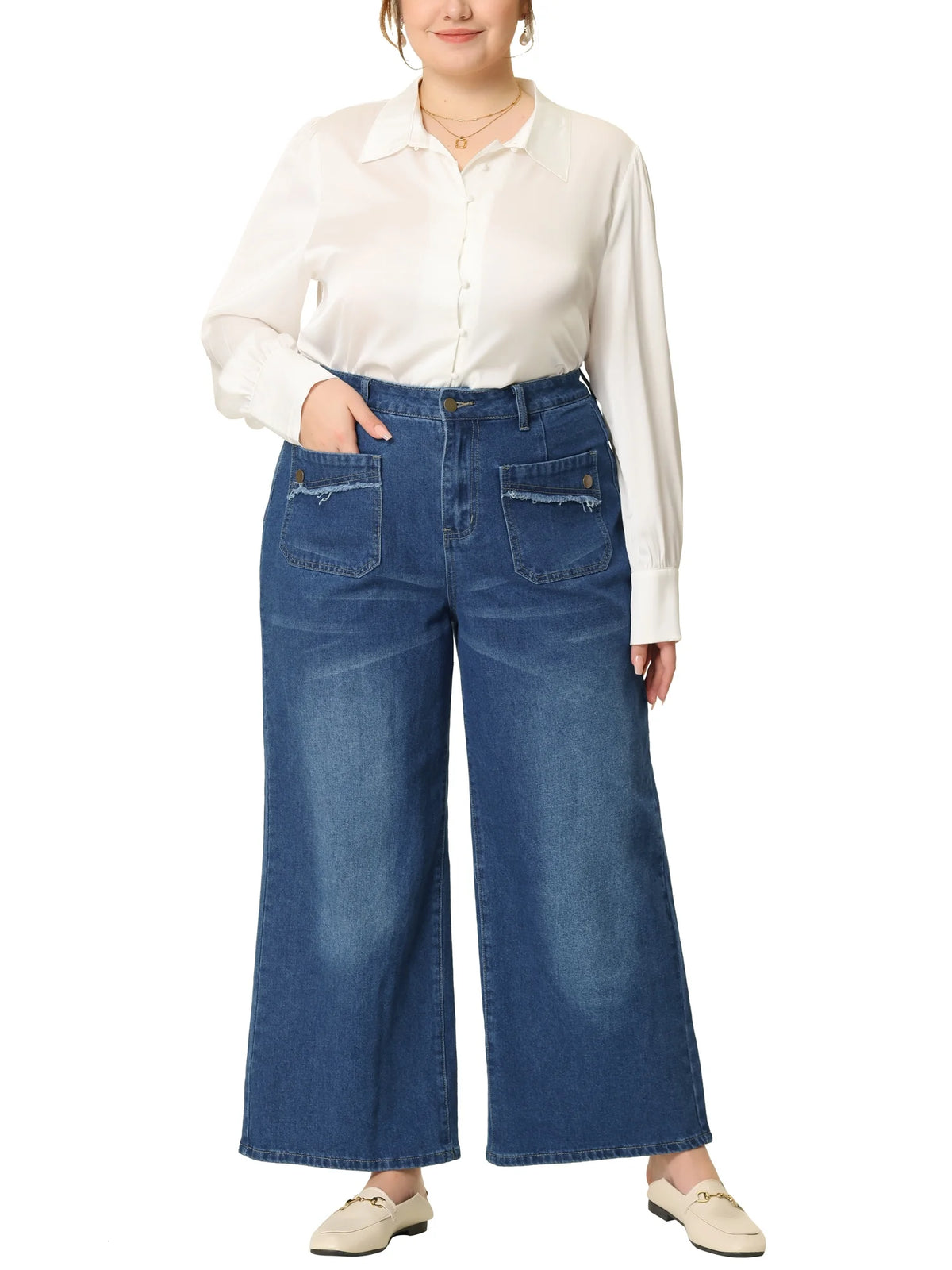 Plus Size Wide Leg Stretch Washed Long Jeans I193531