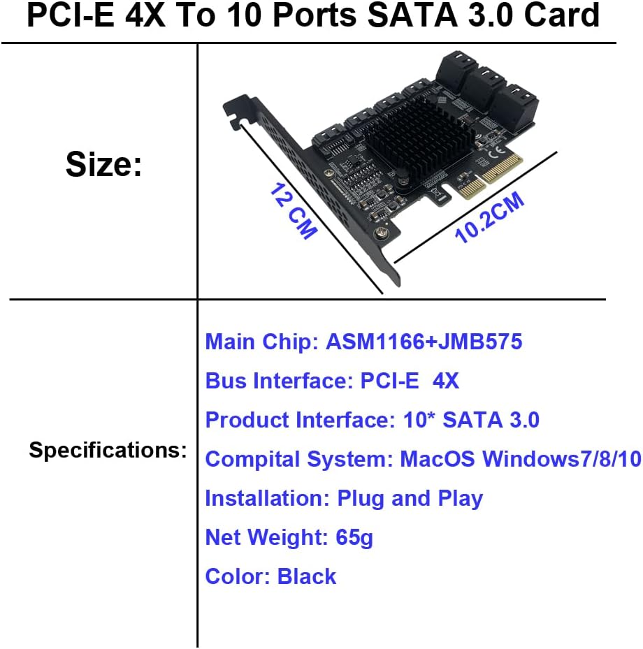 PCI-E SATA Expansion Card 10 Ports PCIe x4 to SATA 3.0 6Gbps Controller Adapter Card with 10 SATA Cables and Low Profile Bracket S8926
