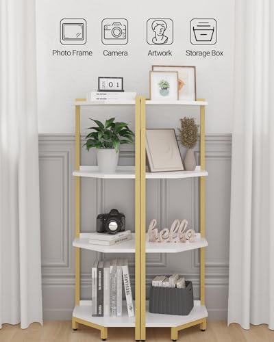 4-Tier White Corner Shelf with Metal Frame K8934