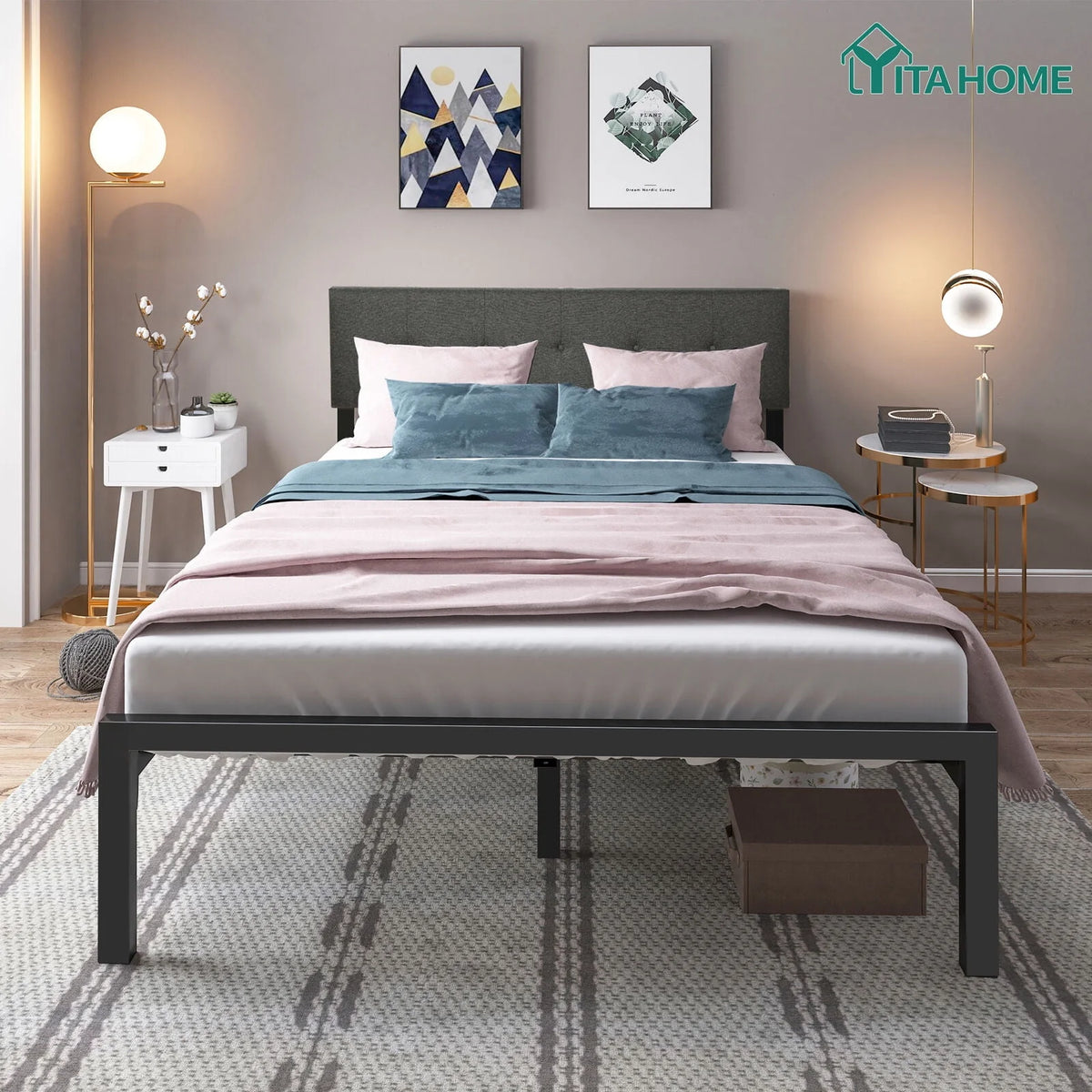 Upholstered Platform Bed Frame with Adjustable Headboard Queen D9932