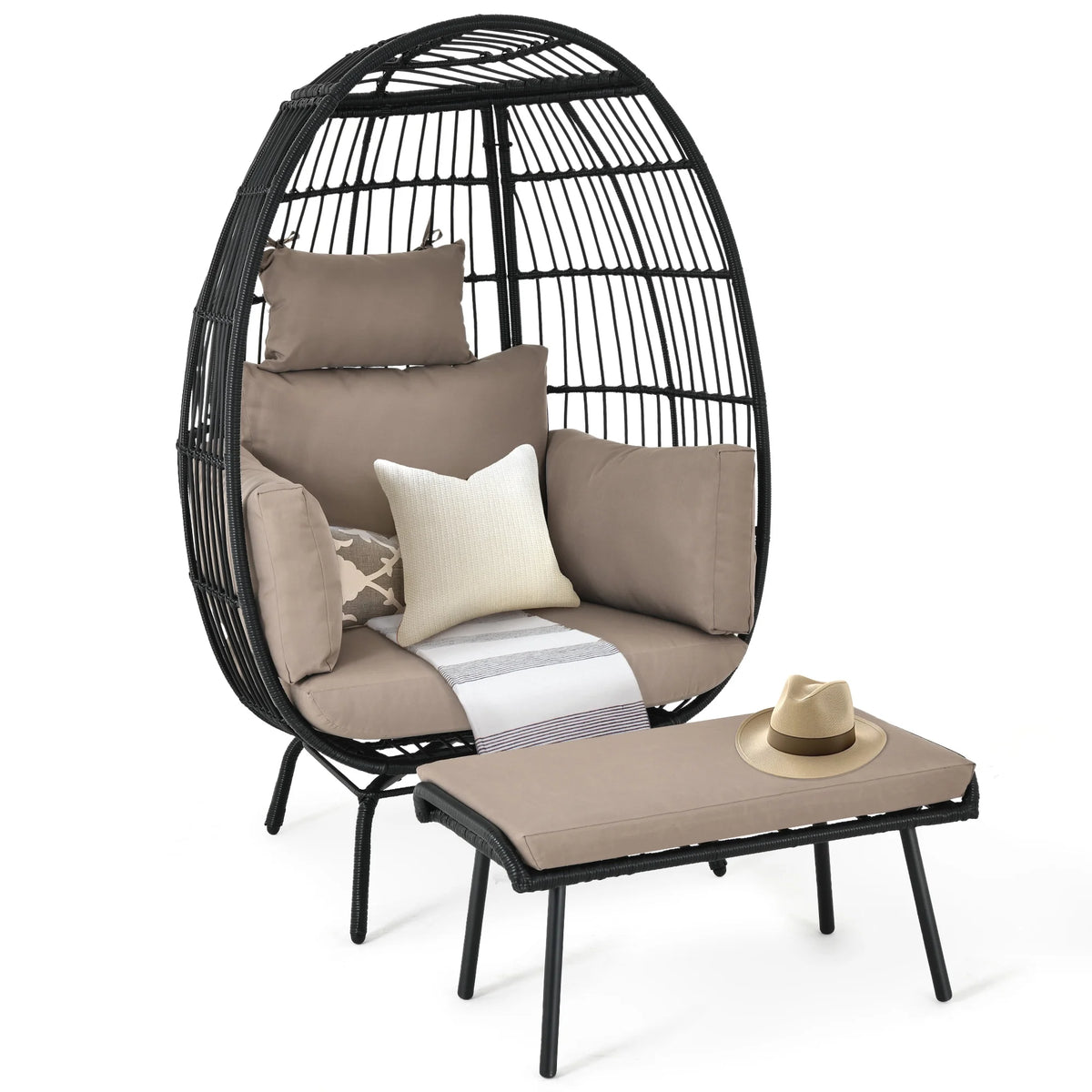 Wicker Egg Chair with Ottoman, Stand, Cushions L5647