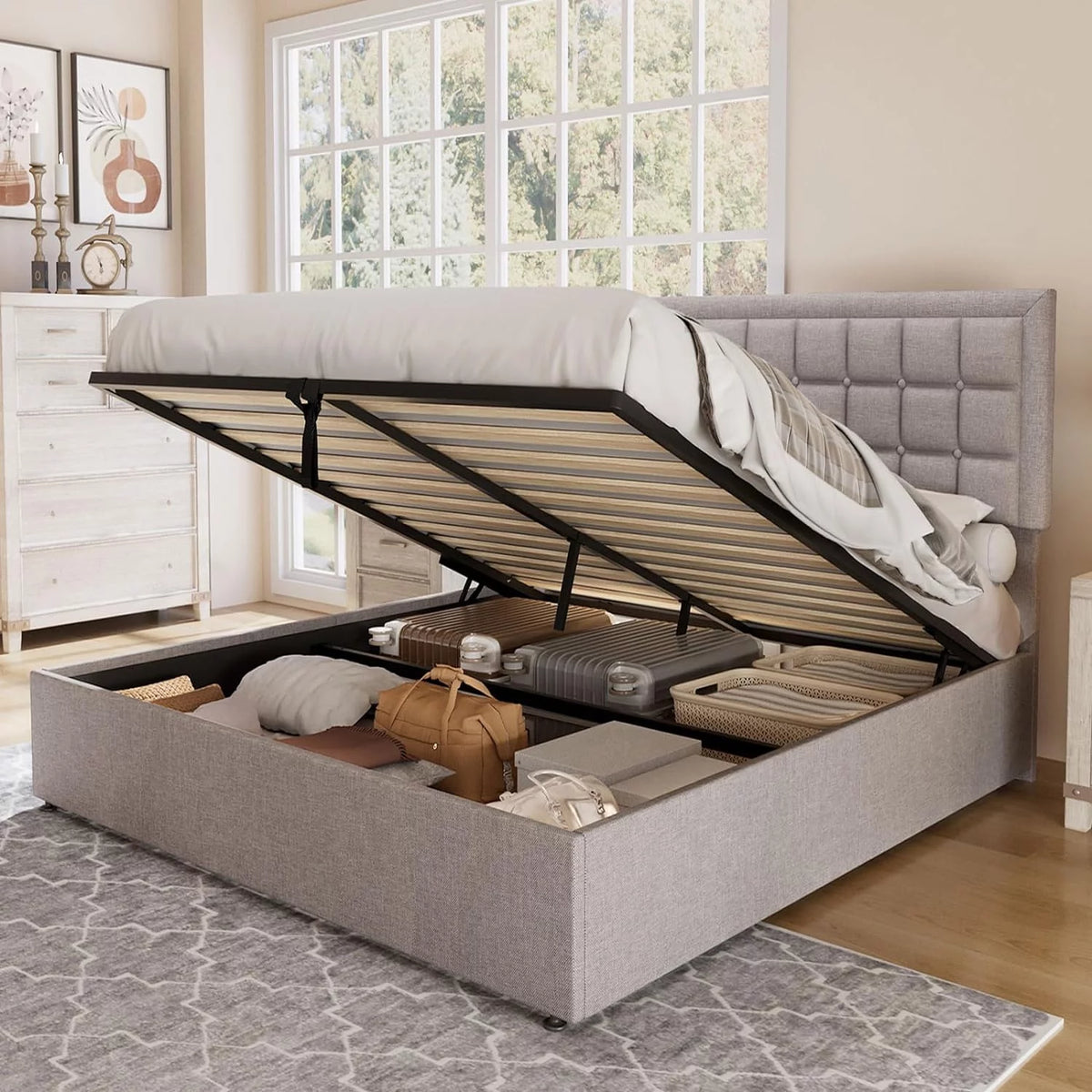 Queen Size Light Grey Upholstered Storage Bed Frame H90709