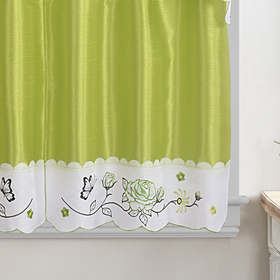 Green Embroidered 3-Piece Kitchen Curtain Tiers & Swag Set, 58x36 & 28x36 inches E11613