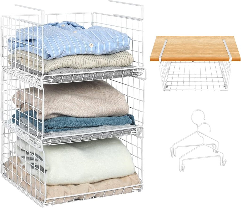 3-Tier Under Closet Shelf Basket Hanging Clothes Storage Organizer Metal Wire Rack with 2 hooks G140099