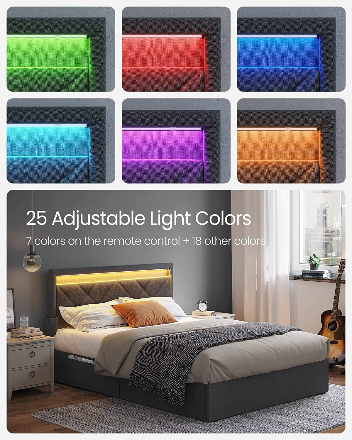 Gray Full Size LED Bed Frame with Headboard and 4 Drawers Storage M1618
