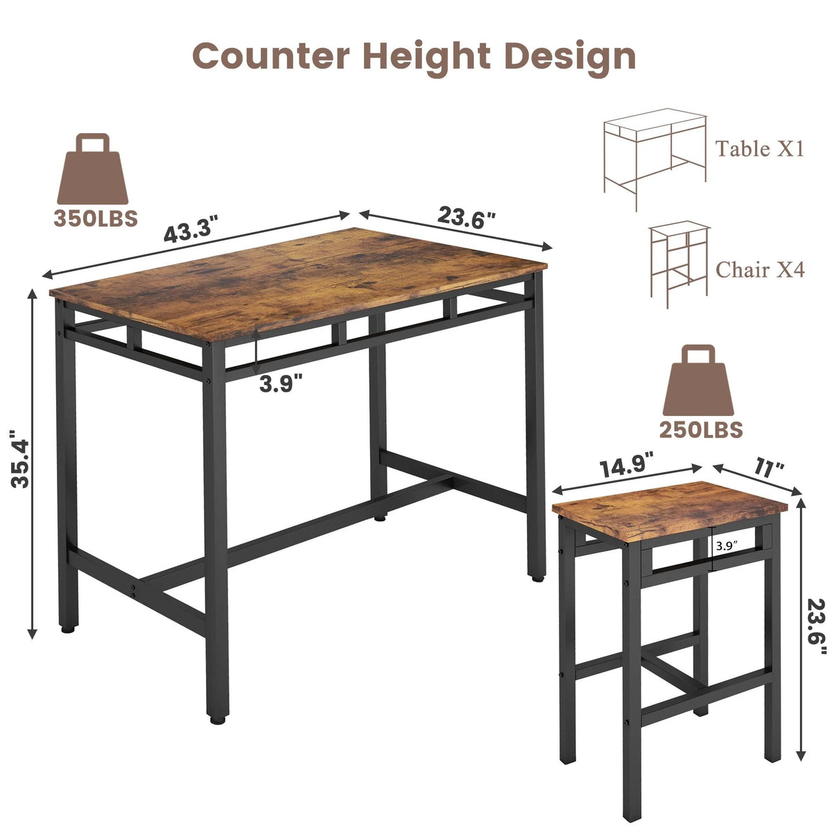 5-Piece Counter Height Pub Dining Set with Foot Support H773245