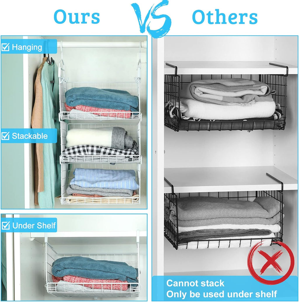 3-Tier Under Closet Shelf Basket Hanging Clothes Storage Organizer Metal Wire Rack with 2 hooks G140099