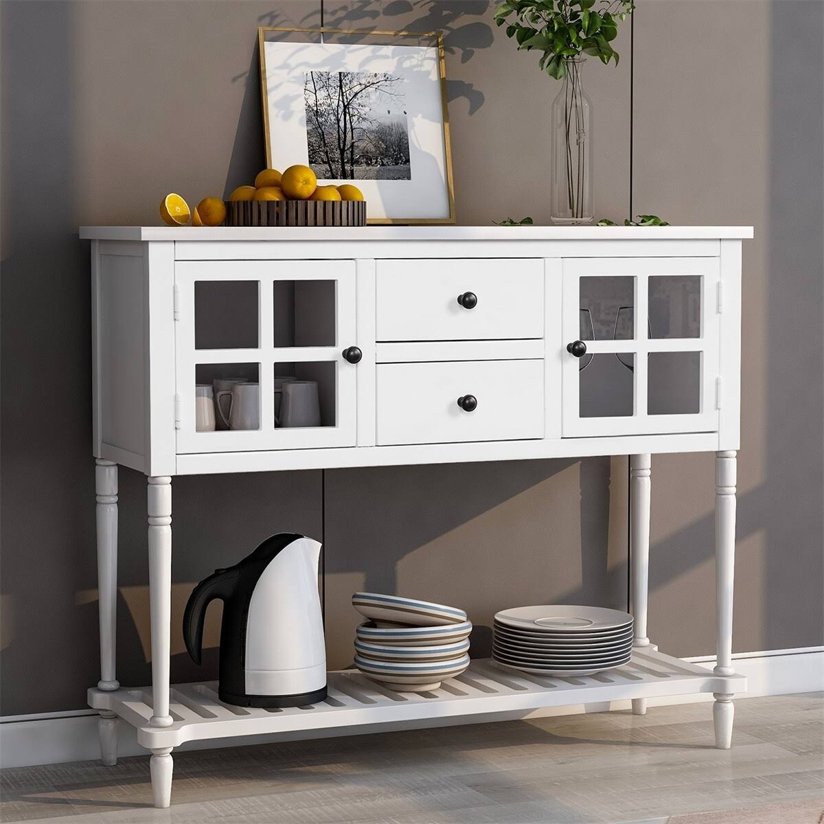 White Farmhouse Console Table with Glass Storage Cabinet A772978