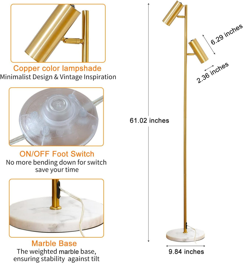 Double Head Floor Lamp with Foot Switch, Brass/Gold Finish F688