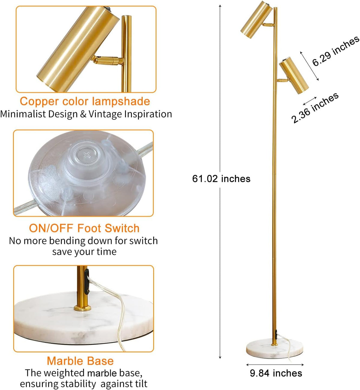 Double Head Floor Lamp with Foot Switch, Brass/Gold Finish F688