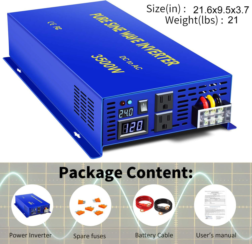 Pure Sine Wave Power Inverter 3500W / 7000W Peak DC 24V to AC 110V 120V with LCD Display A7876