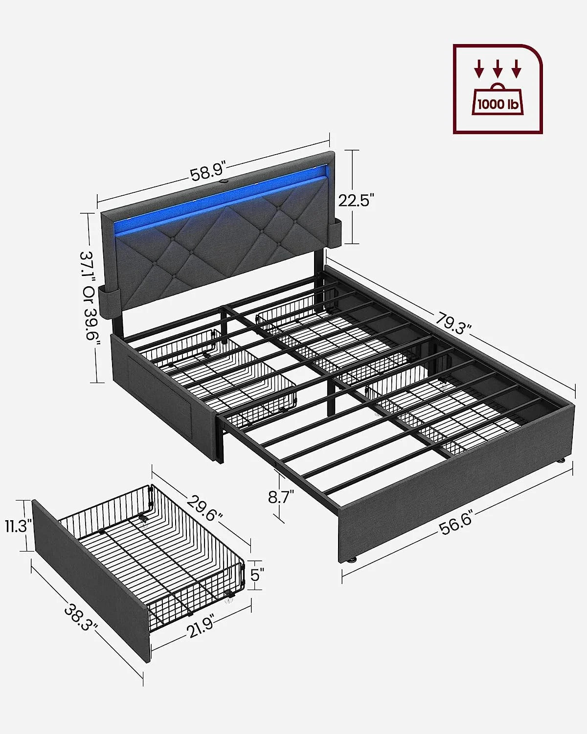 Gray Full Size LED Bed Frame with Headboard and 4 Drawers Storage M1618