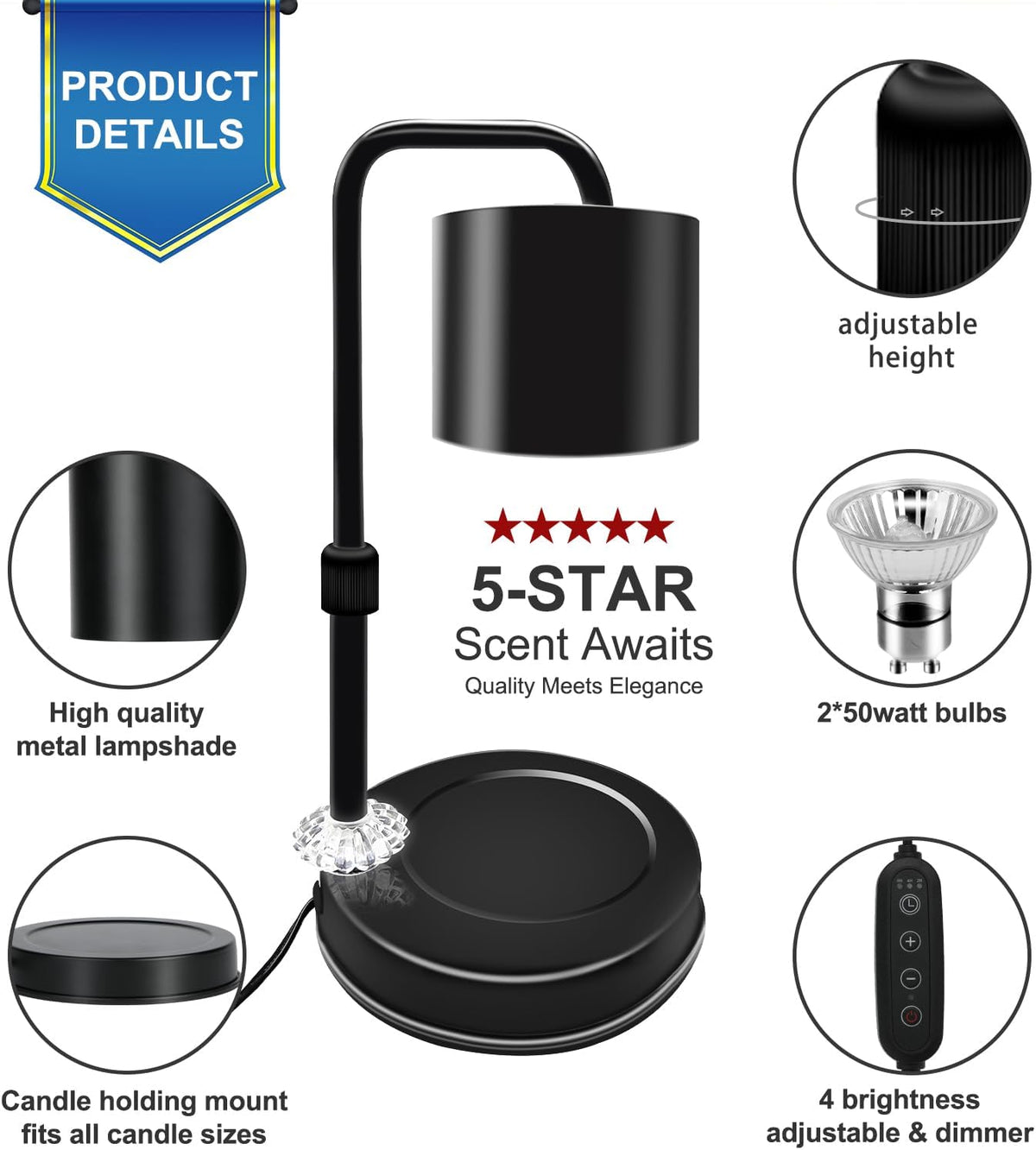 Candle Warmer Lamp with Timer, Adjustable Dimmable, 2 Bulbs T96325