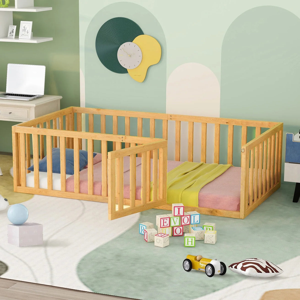 Twin Solid Wood Floor Bed Frame with Door & Safety Guardrails R13560