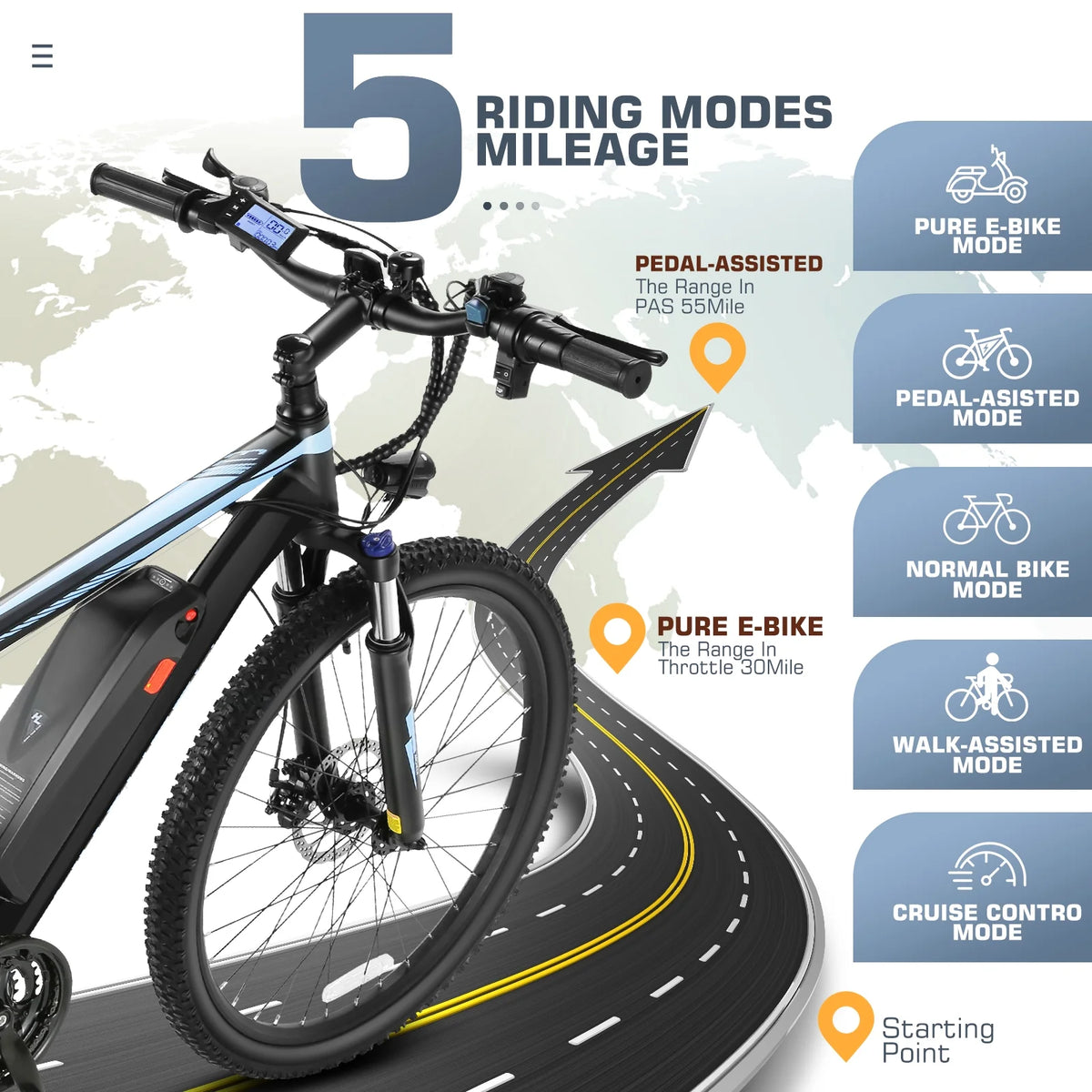 26" Electric Mountain Bike with 48V Battery, Shimano 21 Speed, Lockable Suspension Fork G770305