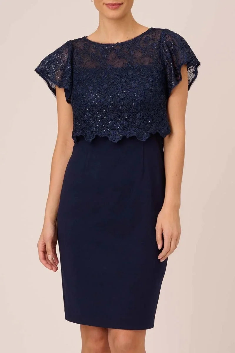 Navy Cap Sleeve Lace Crepe Dress W5284