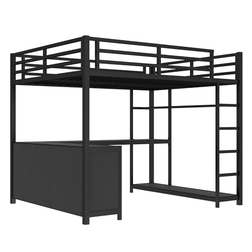 Queen Metal Loft Bed with Wardrobe, Desk and Shelves I9703