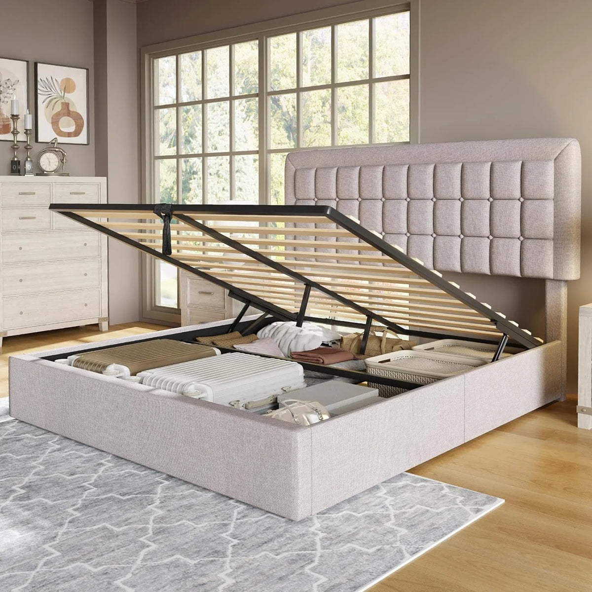 Queen Size Light Grey Upholstered Storage Bed Frame H90709