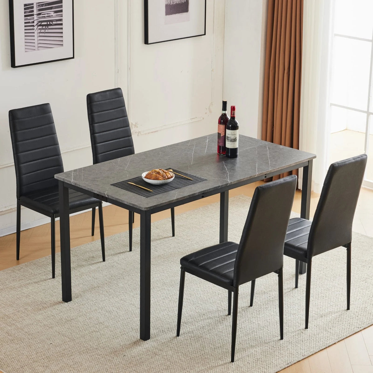 Black Faux Marble Dining Table Set for 6 I2140