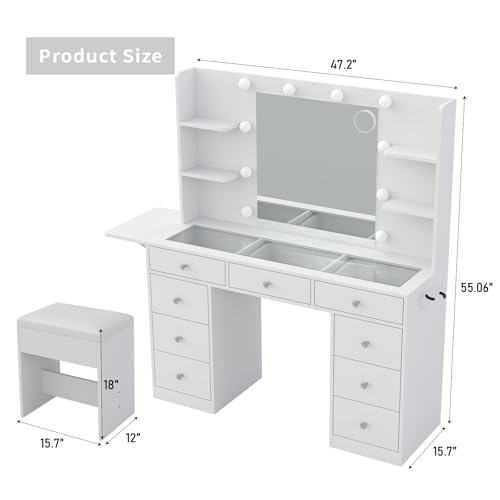 White Vanity Desk with Mirror and 10 LED Lights, 4 Shelves O350