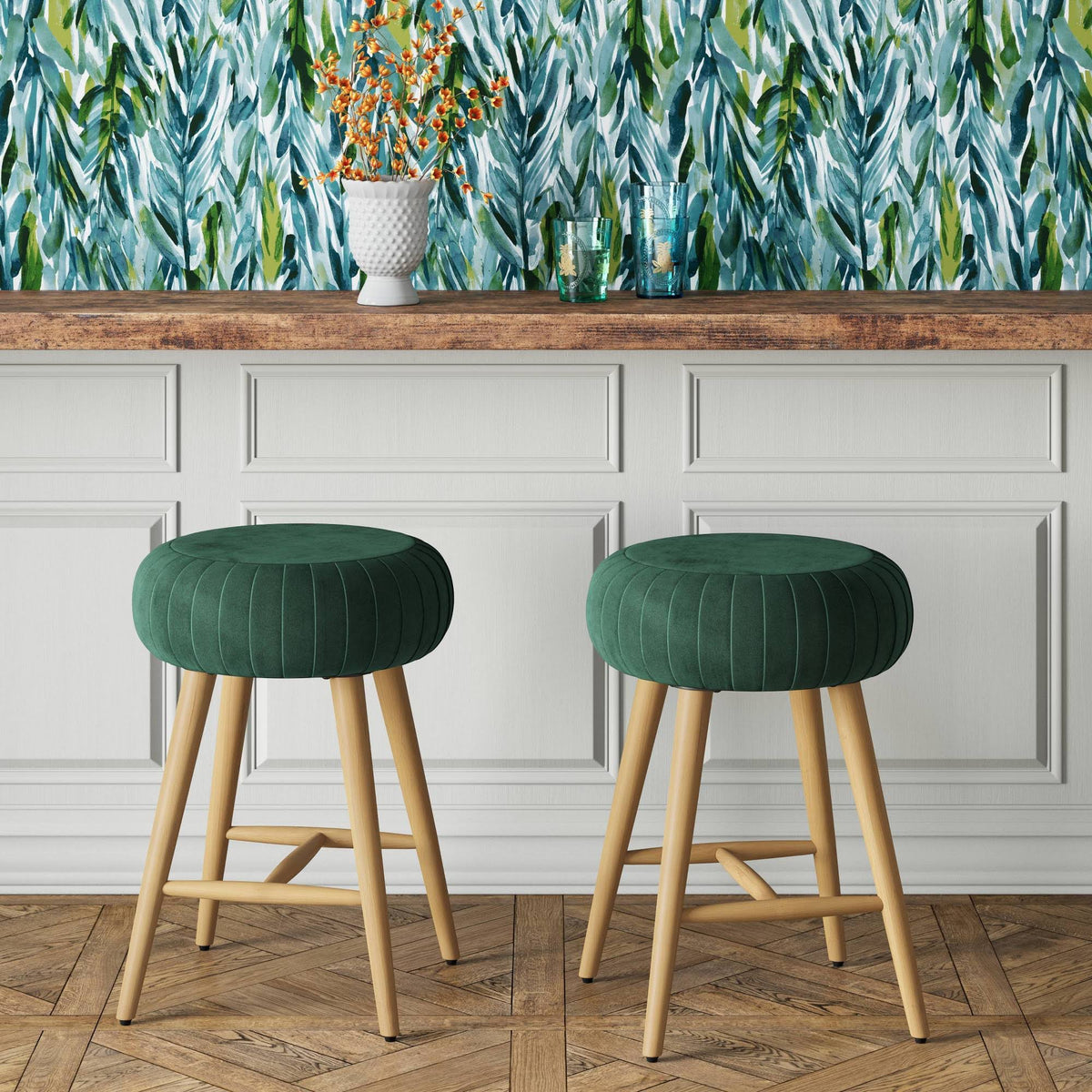Pleated Velvet Counter Height Barstool Green R370831