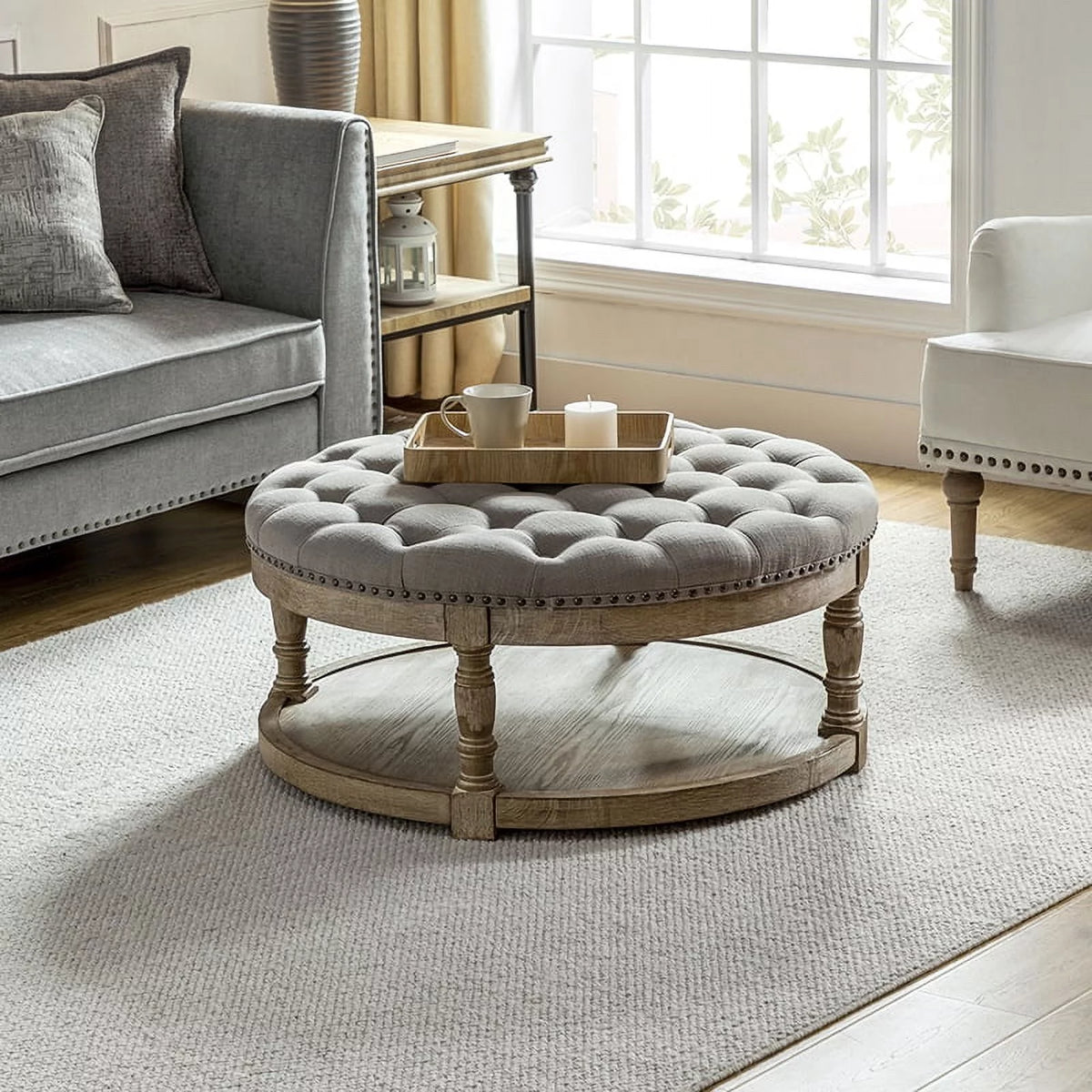 Grey Tufted Round Storage Ottoman S9384