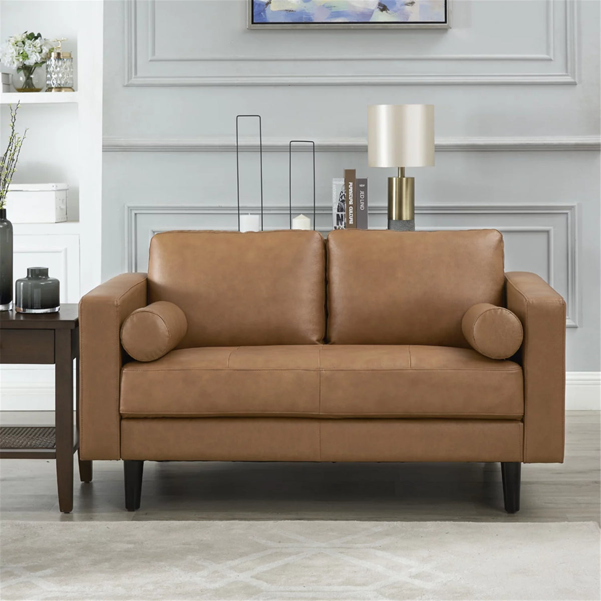 Tan Top Grain Genuine Leather Mid-Century Sofa Set of 3 U736400
