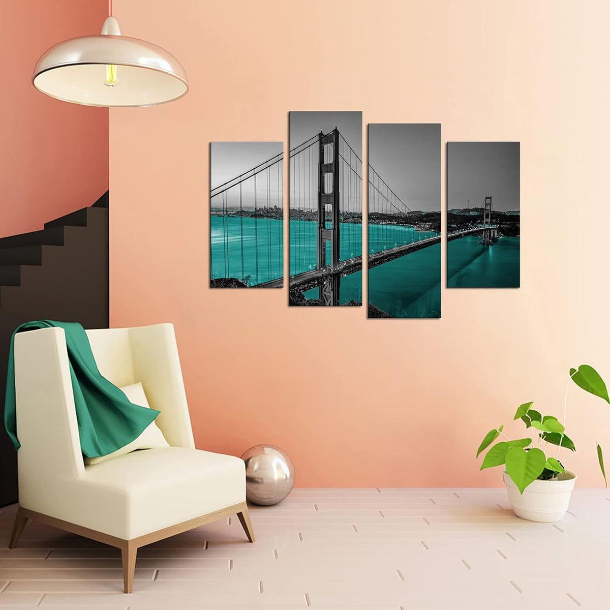 Black White Teal Golden Gate Bridge Canvas Wall Art V654