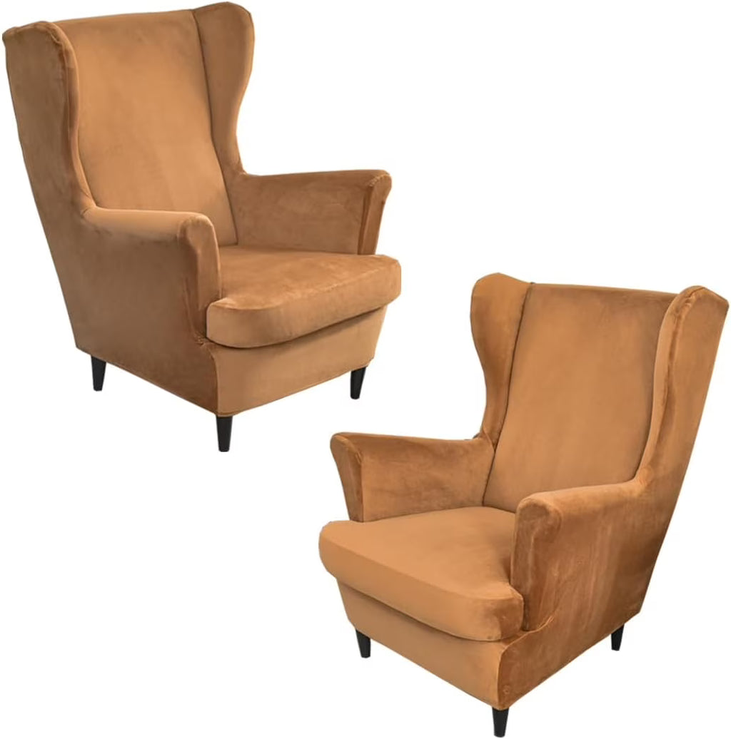 Camel Velvet Stretch Wingback Chair Sofa Slipcover with Elastic Bottom C2065