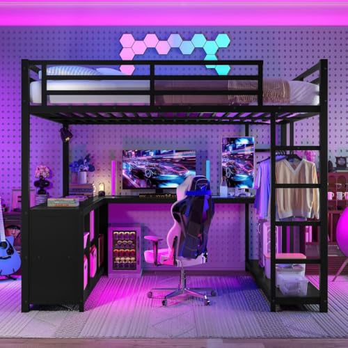 Queen Metal Loft Bed with Wardrobe, Desk and Shelves I9703