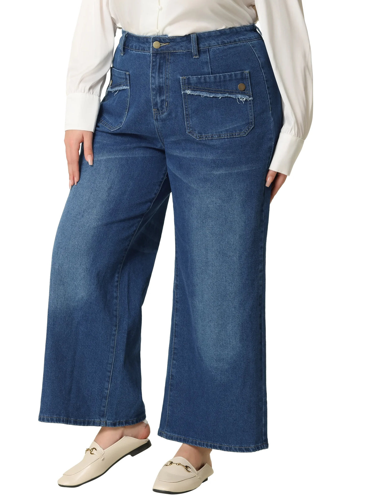 Plus Size Wide Leg Stretch Washed Long Jeans I193531