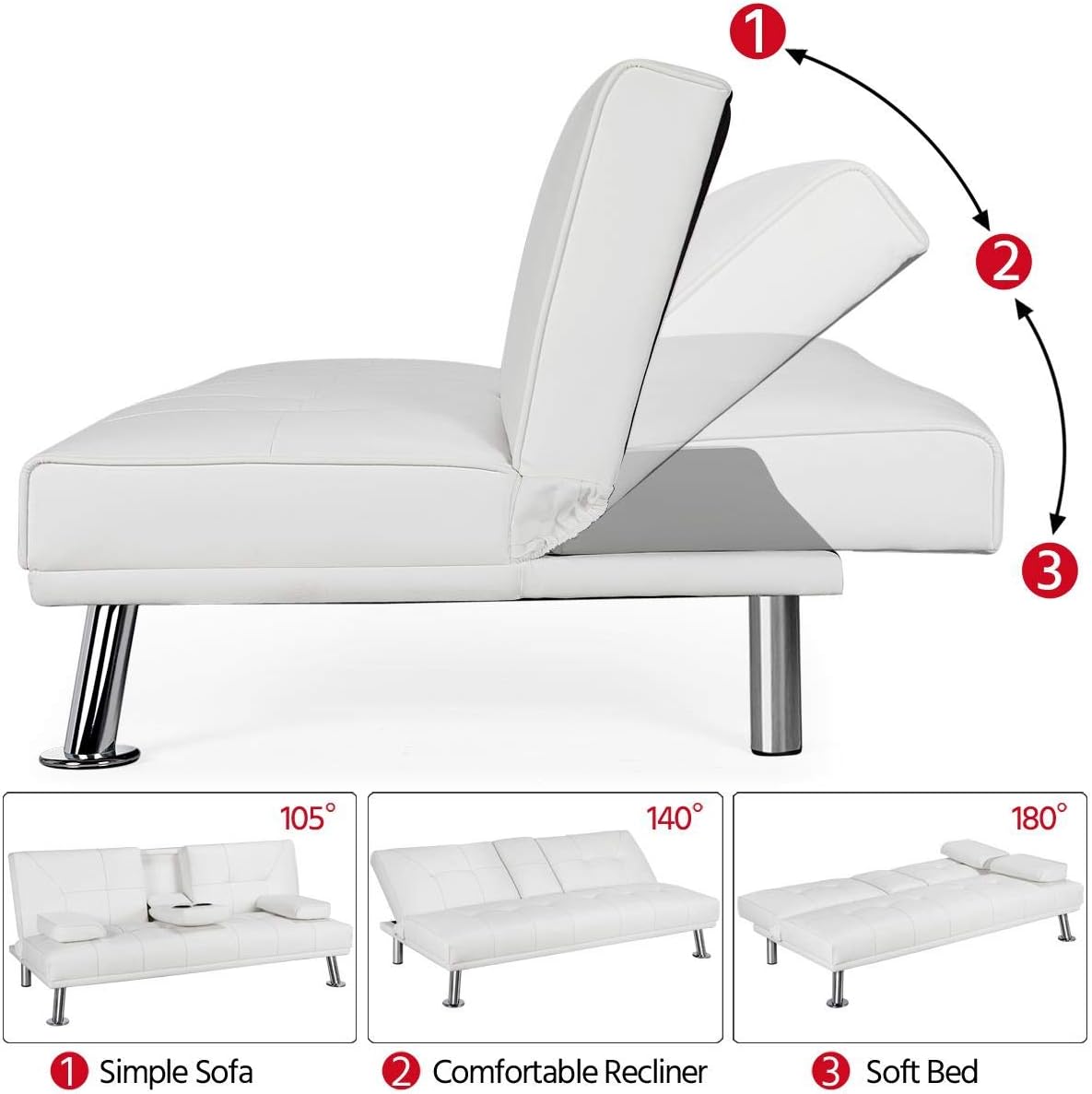 White Faux Leather Futon Set Convertible Sleeper Loveseat Daybed H229