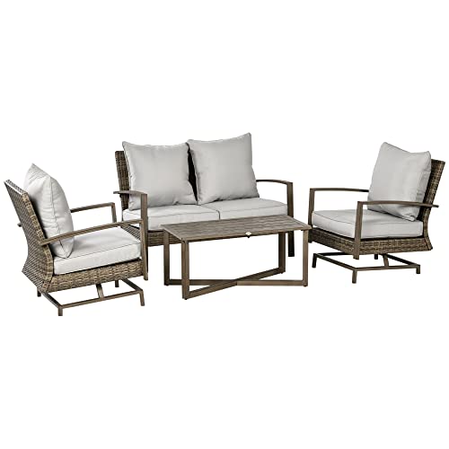 4 Piece Wicker Patio Furniture Set with 2 Rocking Chairs, Loveseat Sofa, Cushions, Aluminum Table, Light Gray L139790