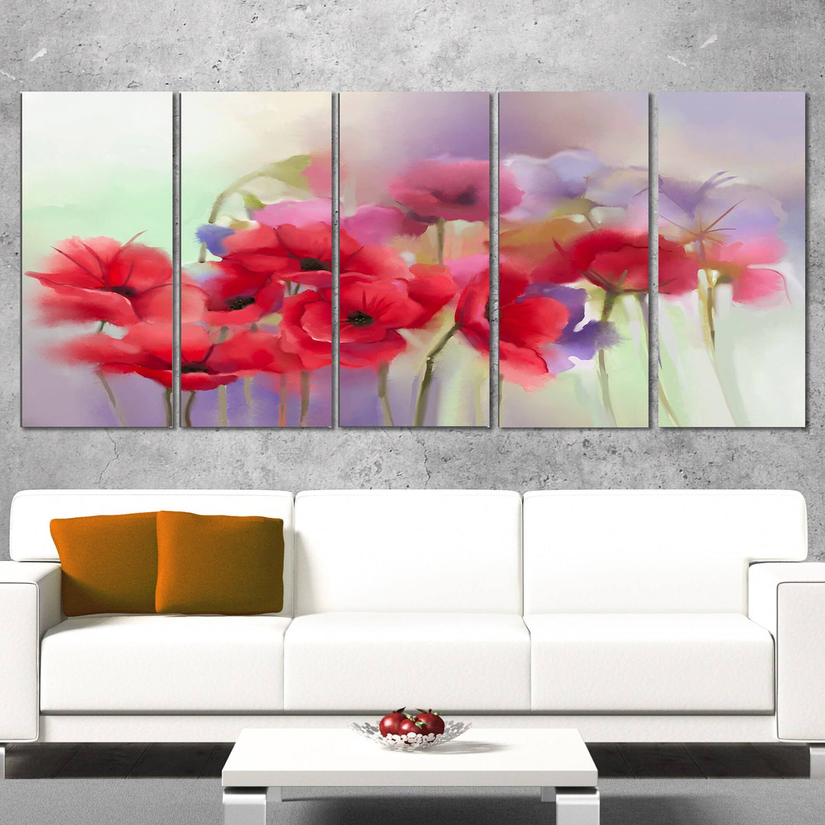 Watercolor Red Poppy Flowers 5 Piece Canvas Painting Set E83749