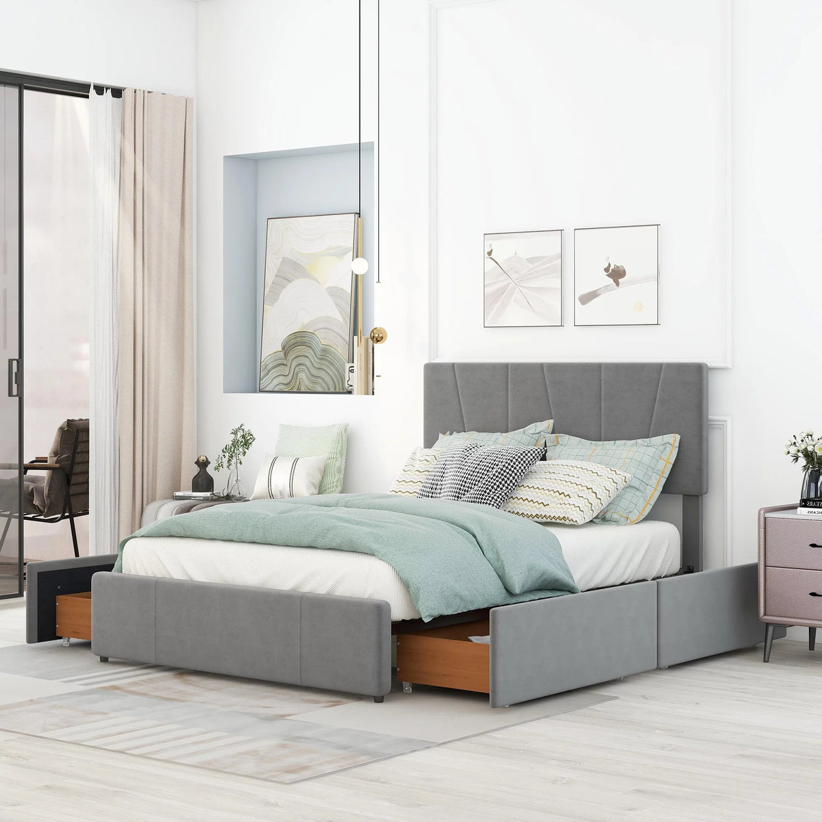 Full Size Gray Velvet Upholstered Platform Bed with 4 Storage Drawers F9457