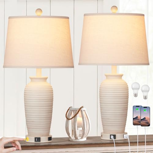 Set of 2 25" Touch Control Table Lamps with USB A+C Ports & AC Outlet H5119