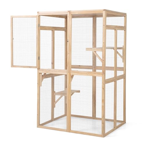 Extra Large Outdoor Wooden Cat Cage Waterproof Roof Catio with 7 Platform and 2 Resting Box (Orange) Z529539