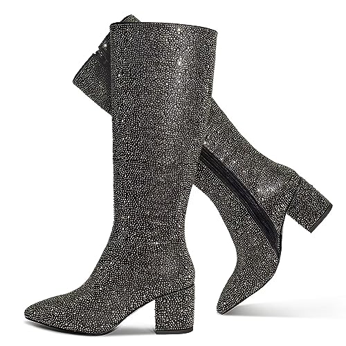Low Chunky Pointed Toe Ankle Boots with Rhinestone K843510