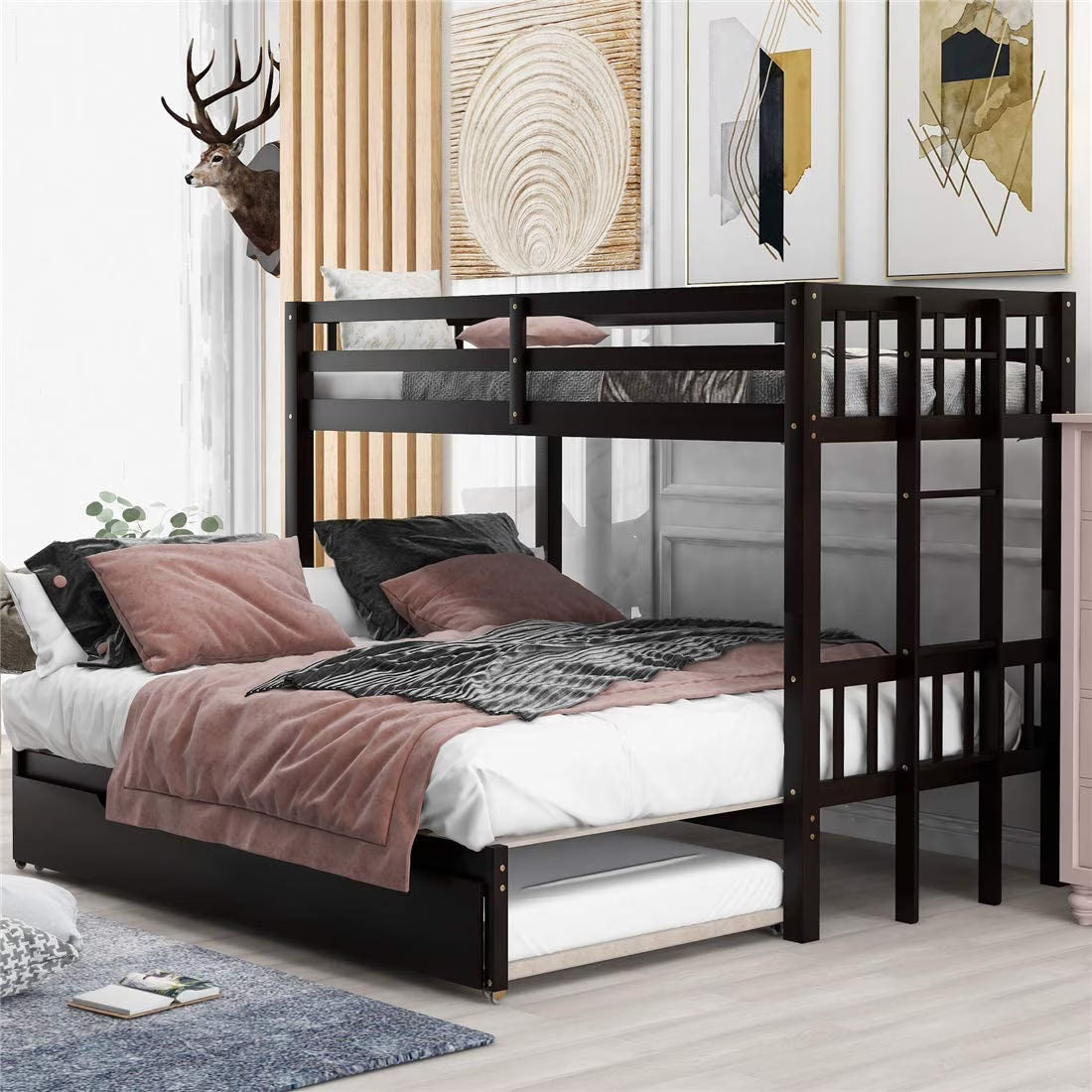 Twin Over Twin/King Wooden Bunk Bed with Trundle and Ladder S6107
