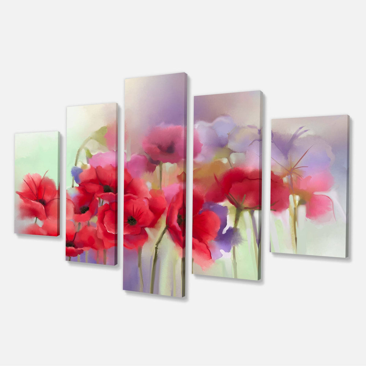 Watercolor Red Poppy Flowers 5 Piece Canvas Painting Set E83749