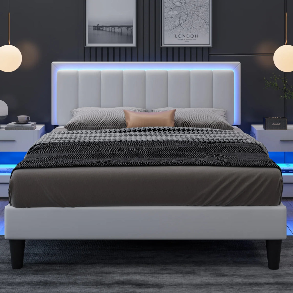 Queen Size LED Upholstered Platform Bed Frame W78095