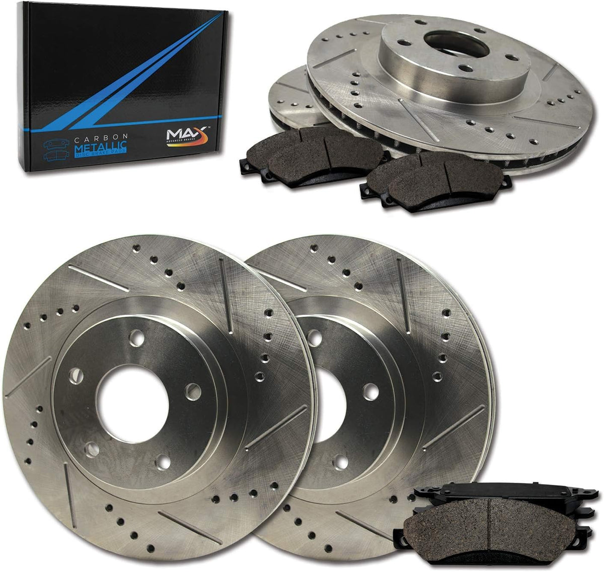 Front + Rear Max Brakes Elite XDS Rotors with Carbon Metallic Pads V9102