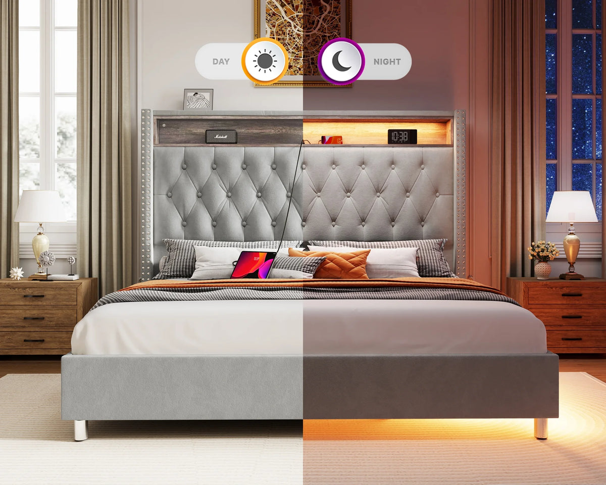 Queen Size Upholstered Bed Frame with Headboard Storage A10585