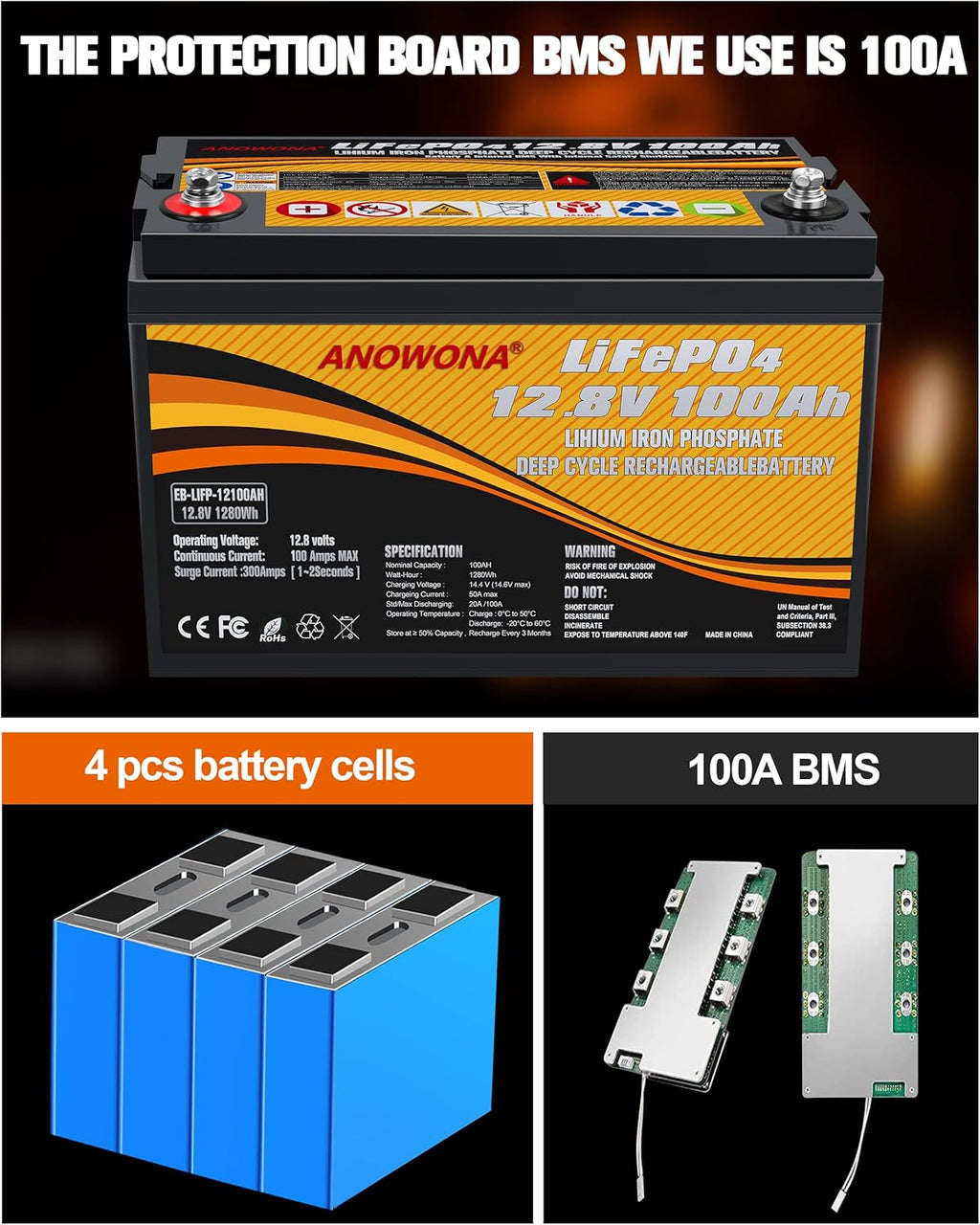 12.8V 200Ah Lithium Iron LiFePO4 Deep Cycle Battery with 200A BMS J945912
