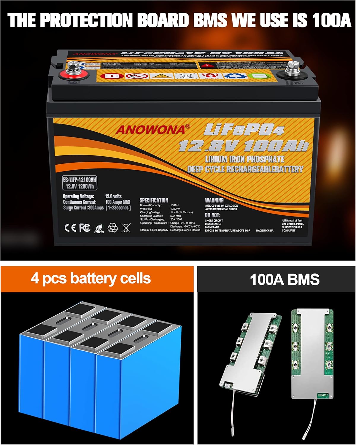 12.8V 200Ah Lithium Iron LiFePO4 Deep Cycle Battery with 200A BMS J945912