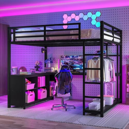 Queen Metal Loft Bed with Wardrobe, Desk and Shelves I9703