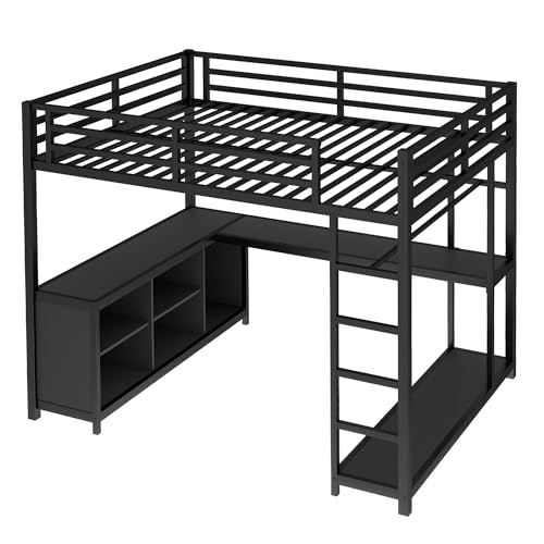 Queen Metal Loft Bed with Wardrobe, Desk and Shelves I9703