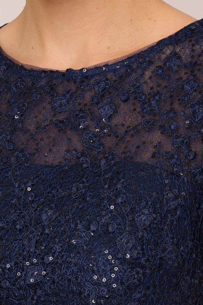 Navy Cap Sleeve Lace Crepe Dress W5284